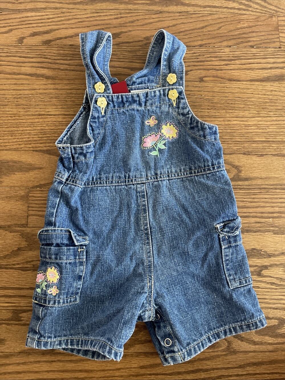Arizona Jean Company Toddler Girls Shortalls Denim Flower Embroidered 18 Month